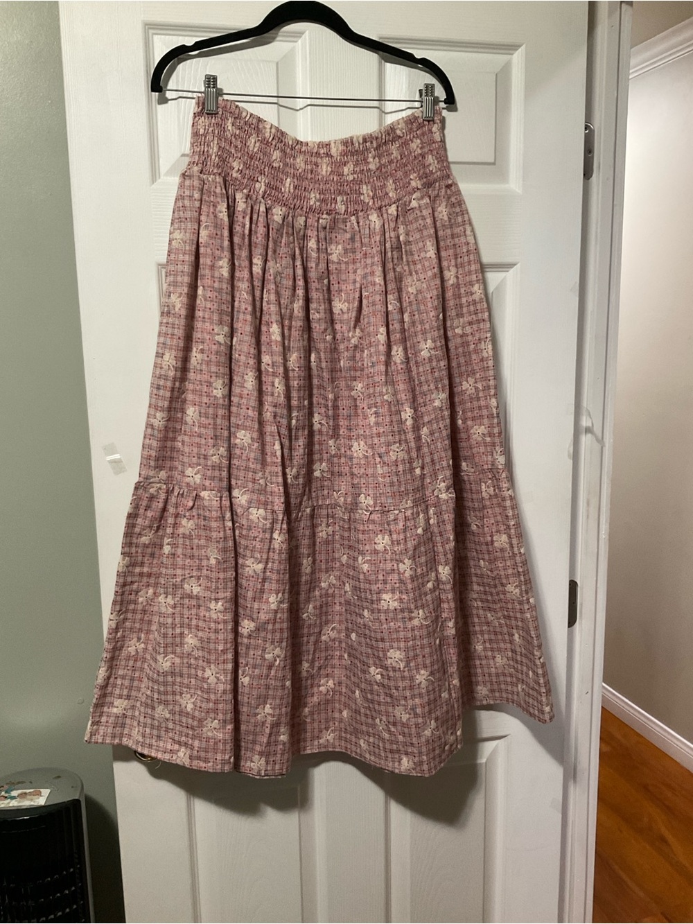 Smocked Waist Pink Floral Midi Skirt